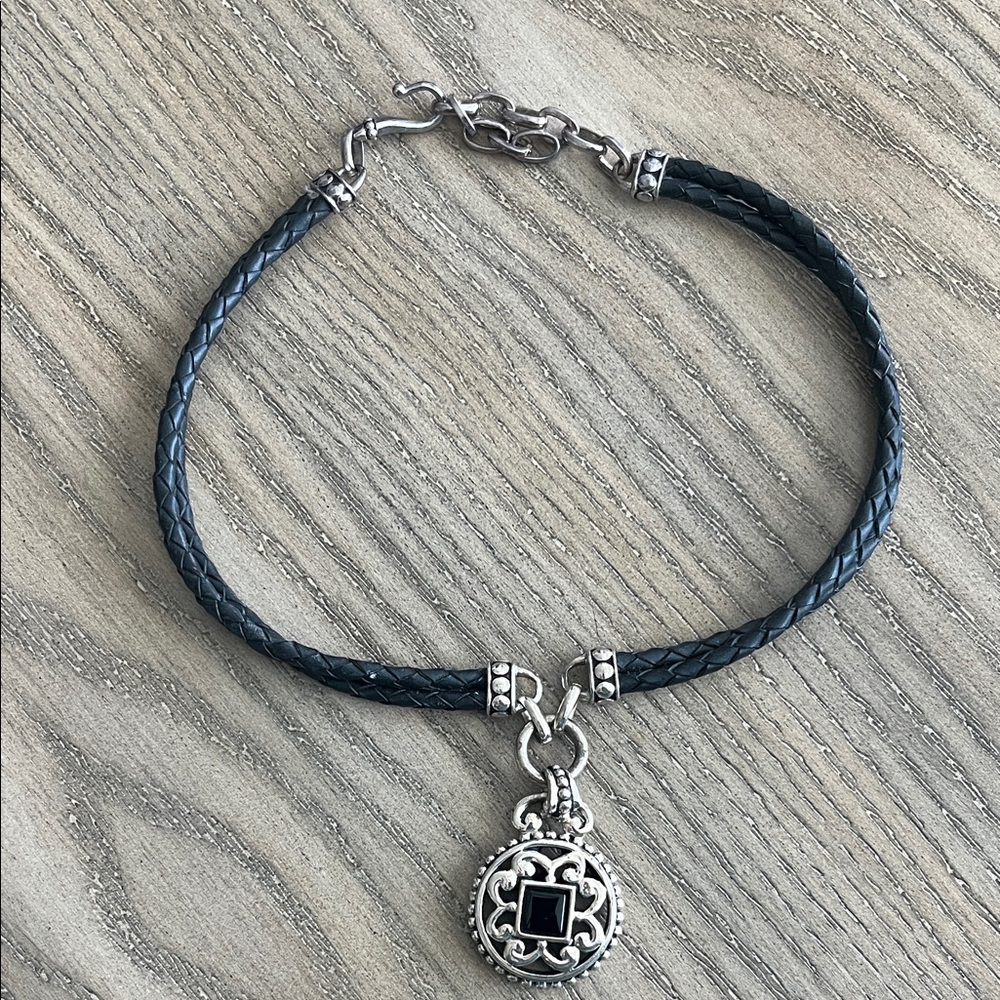 Vintage Black Onyx & Sterling Silver Pendant Necklace - 1980s Leather Strap